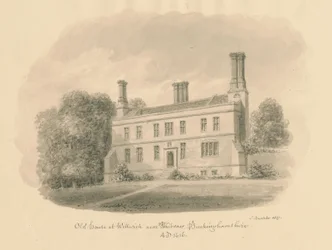 Buckinghamshire - Wellwick - Old House: sepia-tegning vignetteret, 1837