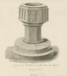 Burton-upon-Trent - Font i den gamle kirke: sepia-tegning