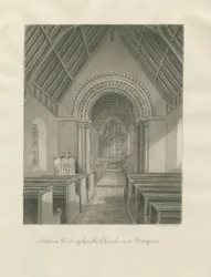 Slotskirken - Kirkens indre: sepia tegning