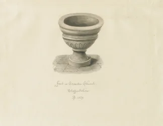 Croxden - Font in the Guest Chapel: sepia-tegning