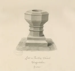 Font i Audley Church: sepia-tegning, 1840