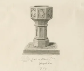 Font i Blore Church: sepia-tegning, 1839