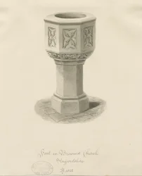 Skrifttype i Brewood Church: sepia tegning