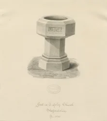 Font i Lapley Church: sepia vask tegning