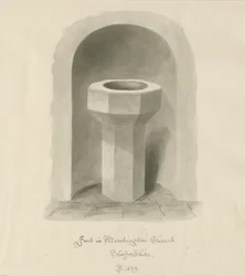 Skrifttype i Marchington Church: sepia vask tegning
