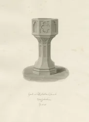 Font i Rolleston Church: sepia-tegning, 1848