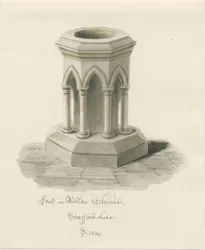 Skrifttype i Walton-on-the-Hill Church: sepia vask tegning