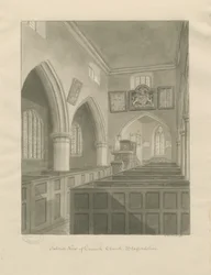 Interiør af Cannock Church: sepia tegning