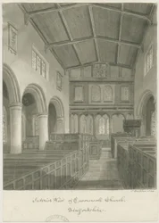 Interiør af Caverswall Church: sepia tegning