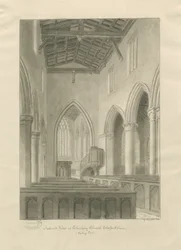 Interiør af Checkley Church: sepia tegning