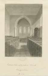Interiør af Coppenhall Church: sepia tegning