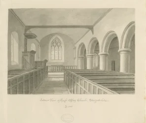 Interiør af High Offley Church: sepia tegning