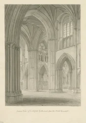 Interiør af Lichfield Cathedral - Krydsning fra det nordlige tværskib: sepia-tegning