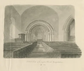 Interiør af Longdon Church: sepia tegning