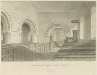 Interiør af Seighford Church: sepia tegning