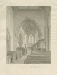 Interiør af Standon Church: sepia tegning