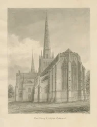 Lichfield Cathedral - East View: sepia-tegning, 1838