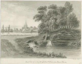 Lichfield Cathedral - East View: sepia-tegning, 1844