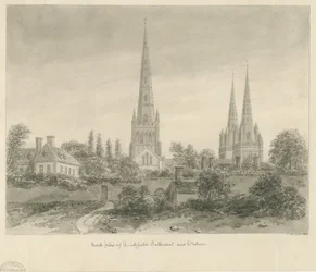 Lichfield Cathedral - North View: sepia drawing, 1838dani
