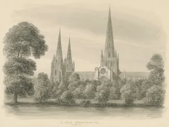 Lichfield Cathedral - South View: sepia tegning