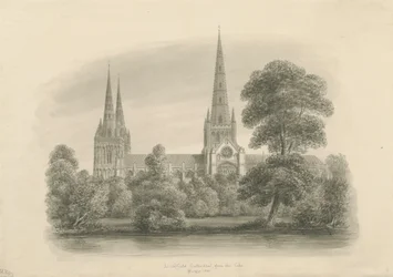 Lichfield Cathedral - South View: sepia drawing, 1841dani