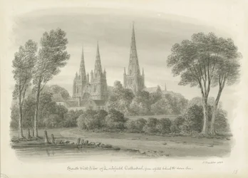 Lichfield Cathedral - South West View: sepia tegning