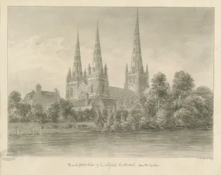 Lichfield Cathedral - South West View: sepia tegning