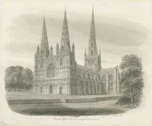 Lichfield Cathedral - South West View: sepia tegning