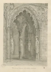 Lichfield Cathedral - West Doorway: sepia-tegning