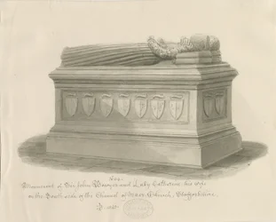 Maer Church - Monument to Sir John Bowyer and Lady Catherine: sepia wash drawing, 1843dani