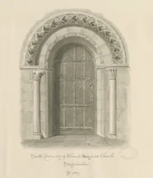 Mayfield Church - South Doorway: sepia wash drawing, 1839dani