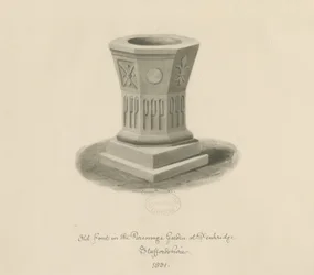 Penkridge - Font in Parsonage Garden: sepia-tegning