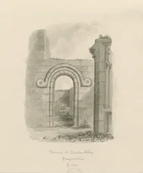 Ranton Abbey [Priory] - Rester af en døråbning: sepia-tegning