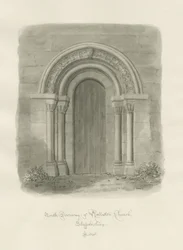 Rolleston Church - North Doorway: sepia tegning