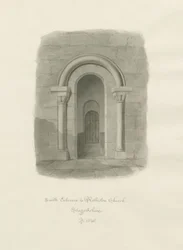 Rolleston Church - sydindgang: sepia tegning