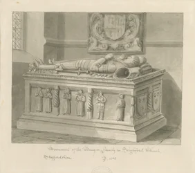 Seighford Church - Tomb of William and Mercy Bowyer: sepia vask tegning, 1842