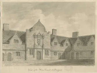 Stafford - Alms Houses: sepia-tegning, 1837