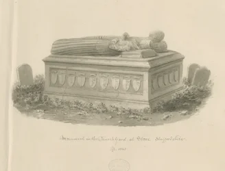 Stone Church - [Tomb of William Crompton]: sepia tegning