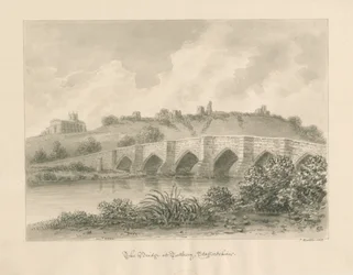 Tutbury Castle, Church and Bridge: sepia vask tegning