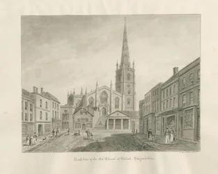 Walsall Town and Church: sepia vask tegning