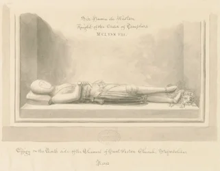 Weston-under-Lizard Church - Billede af Sir Hamo de Weston: sepia vask tegning, 1842