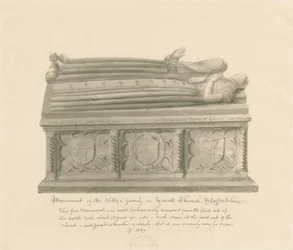 Yoxall Church - Monument over Wellys familie: sepia tegning