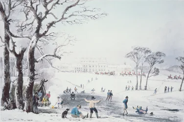 Udsigt over Buckingham House og St James Park om vinteren, pub. af R. Havell und Sønner, 1810