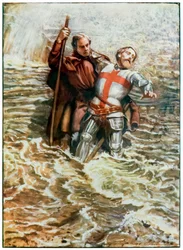 Hopeful hjælper Christian med at krydse floden fra The Pilgrims Progress From This World, To That Who Is To Come af John Bunyan (1628-1688) Illustration af Byam Shaw (1872-1919), pilgrimmene krydser