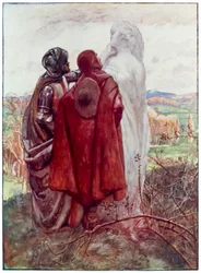 Masser af kone fra The Pilgrims Progress From This World, To That What Is To Come af John Bunyan (1628-1688) Illustration af Byam Shaw (1872-1919), Christian og Hopeful finder en statue af salt ved siden af