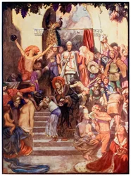Vanity Fair fra The Pilgrims Progress From This World, To That Who Is To Come af John Bunyan (1628-1688) Illustration af Byam Shaw (1872-1919), der viser kristne og trofaste, der kommer ind i byen Va