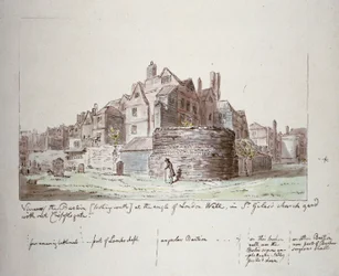 Bastion i vinklen af London Wall, St Giles uden Cripplegate kirkegård, City of London, 1779
