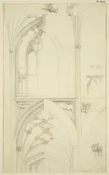Detaljer om Clerestory Window Tracery og Vaulting of the Aisle nedenfor, i St Mary Redcliffe (blyant og akvarel på papir)