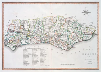 Kort over Sussex, 26. marts 1805 (håndfarvet gravering)