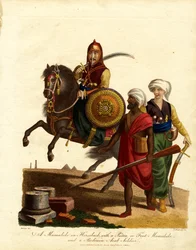 Mameluk til hest med en sioten og en arabisk beduinsoldat